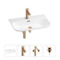 Раковина для ванной Wellsee Eclatant 2.0 201003794 в наборе 4 в 1: раковина белого глянцевого цвета, смеситель, сифон, донный клапан (цвет набора розовое золото)