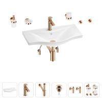 Раковина для ванной Wellsee Bisou 201007354 в наборе 9 в 1: раковина белого глянцевого цвета, смеситель, сифон, донный клапан, угловые вентили, аксессуары (цвет набора розовое золото)