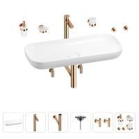 Раковина для ванной Wellsee Croquis 201005769 в наборе 9 в 1: раковина белого глянцевого цвета, высокий смеситель, сифон, выпуск, угловые вентили, аксессуары (цвет розовое золото)