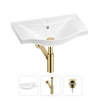 Раковина для ванной Wellsee Bisou 201001618 в наборе 3 в 1: полукруглая раковина белого глянцевого цвета, сифон, донный клапан в цвете золото