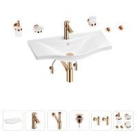 Раковина для ванной Wellsee Bisou 201007404 в наборе 9 в 1: раковина белого глянцевого цвета, смеситель, сифон, донный клапан, угловые вентили, аксессуары (цвет набора розовое золото)