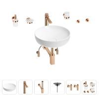 Раковина для ванной Wellsee Chalice Perfection 201006154 в наборе 9 в 1: раковина белого глянцевого цвета, высокий смеситель, сифон, выпуск, угловые вентили, аксессуары (цвет розовое золото)