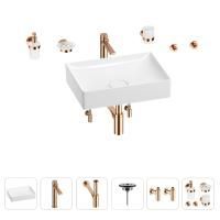 Раковина для ванной Wellsee Pure BY Wellsee 201006359 в наборе 9 в 1: раковина белого глянцевого цвета, высокий смеситель, сифон, выпуск, угловые вентили, аксессуары (цвет розовое золото)