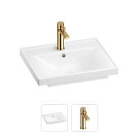 Раковина для ванной Wellsee FreeDom 201000813 в наборе 2 в 1: прямоугольная раковина белого глянцевого цвета, смеситель в цвете золото