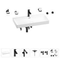 Раковина для ванной Wellsee Bromance 201007642 в наборе 9 в 1: раковина белого глянцевого цвета, смеситель, сифон, выпуск, угловые вентили, аксессуары (цвет набора матовый черный)