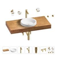 Раковина 40 см со столешницей 100 см Wellsee Doux 201009673 в наборе 10 в 1: столешница, раковина, высокий смеситель, сифон, донный клапан, кран-вентили, аксессуары (цвет золото)