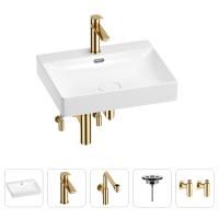 Раковина для ванной Wellsee DeSire 201005518 в наборе 5 в 1: раковина белого глянцевого цвета, смеситель, сифон, выпуск, угловые вентили (цвет набора золото)