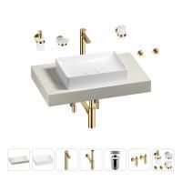 Раковина 50 см со столешницей 80 см Wellsee Pure BY Wellsee 201011073 в наборе 10 в 1: столешница, раковина, высокий смеситель, сифон, выпуск, кран-вентили, аксессуары (цвет золото)