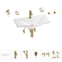 Раковина для ванной Wellsee Bisou 201007358 в наборе 9 в 1: раковина белого глянцевого цвета, смеситель, сифон, донный клапан, угловые вентили, аксессуары (цвет набора золото)