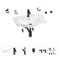 Раковина для ванной Wellsee Bisou 201007317 в наборе 9 в 1: раковина белого глянцевого цвета, смеситель, сифон, донный клапан, угловые вентили, аксессуары (цвет набора матовый черный)