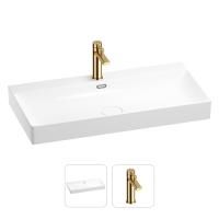 Раковина для ванной Wellsee Bromance 201000973 в наборе 2 в 1: прямоугольная раковина белого глянцевого цвета, смеситель в цвете золото