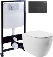 Комплект Унитаз подвесной STWORKI Муле HDC510NWH с микролифтом, безободковый + Инсталляция EWRIKA ProLT 0026-2020 + Кнопка 0044 черная матовая