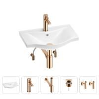 Раковина для ванной Wellsee Bisou 201005084 в наборе 5 в 1: раковина белого глянцевого цвета, смеситель, сифон, донный клапан, угловые вентили (цвет набора розовое золото)