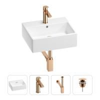 Раковина для ванной Wellsee Graceful Pro 201002914 в наборе 4 в 1: раковина белого глянцевого цвета, смеситель, сифон, донный клапан (цвет набора розовое золото)