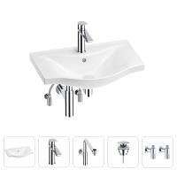Раковина для ванной Wellsee Bisou 201005166 в наборе 5 в 1: раковина белого глянцевого цвета, смеситель, сифон, донный клапан, угловые вентили (цвет набора хром)