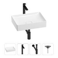 Раковина для ванной Wellsee Pure BY Wellsee 201002602 в наборе 4 в 1: раковина белого глянцевого цвета, высокий смеситель, сифон, выпуск (цвет набора матовый черный)