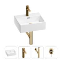 Раковина для ванной Wellsee Graceful Pro 201002878 в наборе 4 в 1: раковина белого глянцевого цвета, смеситель, сифон, донный клапан (цвет набора золото)