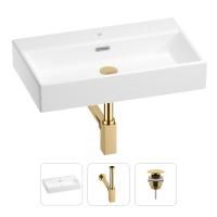 Раковина для ванной Wellsee Graceful Pro 201001358 в наборе 3 в 1: прямоугольная раковина белого глянцевого цвета, сифон, донный клапан в цвете золото