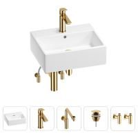 Раковина для ванной Wellsee Graceful Pro 201004618 в наборе 5 в 1: раковина белого глянцевого цвета, смеситель, сифон, донный клапан, угловые вентили (цвет набора золото)