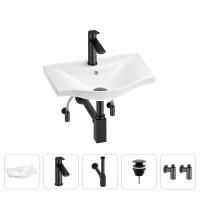 Раковина для ванной Wellsee Bisou 201005037 в наборе 5 в 1: раковина белого глянцевого цвета, смеситель, сифон, донный клапан, угловые вентили (цвет набора матовый черный)