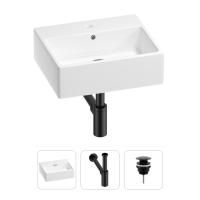 Раковина для ванной Wellsee Graceful Pro 201001327 в наборе 3 в 1: прямоугольная раковина белого глянцевого цвета, сифон, донный клапан в цвете матовый черный