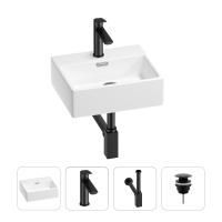Раковина для ванной Wellsee Graceful Pro 201002862 в наборе 4 в 1: раковина белого глянцевого цвета, смеситель, сифон, донный клапан (цвет набора матовый черный)