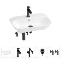 Раковина для ванной Wellsee Eclatant 201005417 в наборе 5 в 1: раковина белого глянцевого цвета, смеситель, сифон, донный клапан, угловые вентили (цвет набора матовый черный)