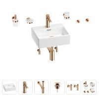 Раковина для ванной Wellsee Graceful Pro 201006609 в наборе 9 в 1: раковина белого глянцевого цвета, смеситель, сифон, донный клапан, угловые вентили, аксессуары (цвет набора розовое золото)