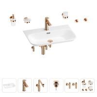 Раковина для ванной Wellsee Eclatant 2.0 201007544 в наборе 9 в 1: раковина белого глянцевого цвета, смеситель, сифон, донный клапан, угловые вентили, аксессуары (цвет набора розовое золото)