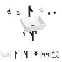 Раковина для ванной Wellsee Doux 201005967 в наборе 9 в 1: раковина белого глянцевого цвета, высокий смеситель, сифон, донный клапан, угловые вентили, аксессуары (цвет матовый черный)