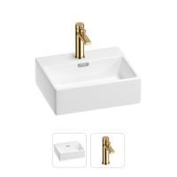 Раковина для ванной Wellsee Graceful Pro 201000773 в наборе 2 в 1: прямоугольная раковина белого глянцевого цвета, смеситель в цвете золото