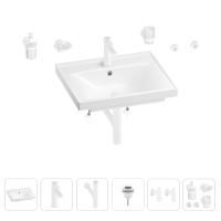 Раковина для ванной Wellsee FreeDom 201006980 в наборе 9 в 1: раковина белого глянцевого цвета, смеситель, сифон, донный клапан, угловые вентили, аксессуары (цвет набора матовый белый)