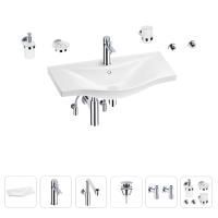 Раковина для ванной Wellsee Bisou 201007396 в наборе 9 в 1: раковина белого глянцевого цвета, смеситель, сифон, донный клапан, угловые вентили, аксессуары (цвет набора хром)