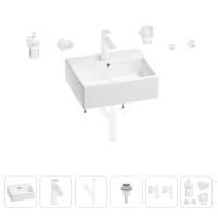 Раковина для ванной Wellsee Graceful Pro 201006685 в наборе 9 в 1: раковина белого глянцевого цвета, смеситель, сифон, донный клапан, угловые вентили, аксессуары (цвет набора матовый белый)