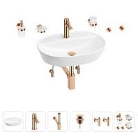 Раковина для ванной Wellsee Calin 201005594 в наборе 9 в 1: раковина белого глянцевого цвета, смеситель, сифон, донный клапан, угловые вентили, аксессуары (цвет набора розовое золото)