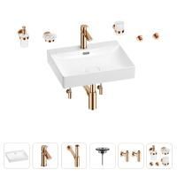 Раковина для ванной Wellsee DeSire 201007554 в наборе 9 в 1: раковина белого глянцевого цвета, смеситель, сифон, выпуск, угловые вентили, аксессуары (цвет набора розовое золото)