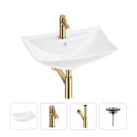 Раковина для ванной Wellsee Cerulean 201003038 в наборе 4 в 1: раковина белого глянцевого цвета, смеситель, сифон, выпуск (цвет набора золото)