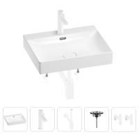 Раковина для ванной Wellsee DeSire 201005495 в наборе 5 в 1: раковина белого глянцевого цвета, смеситель, сифон, выпуск, угловые вентили (цвет набора матовый белый)