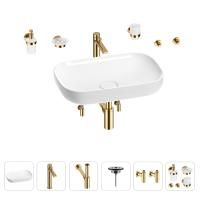 Раковина для ванной Wellsee Croquis 201005633 в наборе 9 в 1: раковина белого глянцевого цвета, высокий смеситель, сифон, выпуск, угловые вентили, аксессуары (цвет золото)