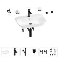 Раковина для ванной Wellsee Eclatant 201007482 в наборе 9 в 1: раковина белого глянцевого цвета, смеситель, сифон, донный клапан, угловые вентили, аксессуары (цвет набора матовый черный)
