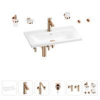 Раковина для ванной Wellsee FreeDom 201007044 в наборе 9 в 1: раковина белого глянцевого цвета, смеситель, сифон, донный клапан, угловые вентили, аксессуары (цвет набора розовое золото)
