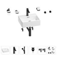Раковина для ванной Wellsee Graceful Pro 201006637 в наборе 9 в 1: раковина белого глянцевого цвета, смеситель, сифон, донный клапан, угловые вентили, аксессуары (цвет набора матовый черный)