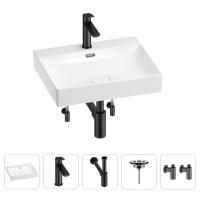 Раковина для ванной Wellsee DeSire 201005477 в наборе 5 в 1: раковина белого глянцевого цвета, смеситель, сифон, выпуск, угловые вентили (цвет набора матовый черный)