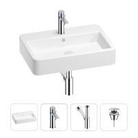Раковина для ванной Wellsee Halcyon 201002806 в наборе 4 в 1: раковина белого глянцевого цвета, смеситель, сифон, донный клапан (цвет набора хром)