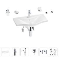 Раковина для ванной Wellsee Bisou 201007366 в наборе 9 в 1: раковина белого глянцевого цвета, смеситель, сифон, донный клапан, угловые вентили, аксессуары (цвет набора хром)