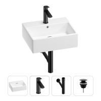 Раковина для ванной Wellsee Graceful Pro 201002922 в наборе 4 в 1: раковина белого глянцевого цвета, смеситель, сифон, донный клапан (цвет набора матовый черный)