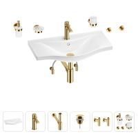 Раковина для ванной Wellsee Bisou 201007408 в наборе 9 в 1: раковина белого глянцевого цвета, смеситель, сифон, донный клапан, угловые вентили, аксессуары (цвет набора золото)