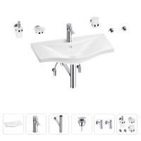 Раковина для ванной Wellsee Bisou 201007376 в наборе 9 в 1: раковина белого глянцевого цвета, смеситель, сифон, донный клапан, угловые вентили, аксессуары (цвет набора хром)