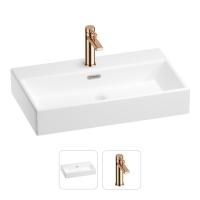 Раковина для ванной Wellsee Graceful Pro 201000794 в наборе 2 в 1: прямоугольная раковина белого глянцевого цвета, смеситель в цвете розовое золото