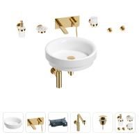Раковина для ванной Wellsee Doux 201006123 в наборе 8 в 1: раковина белого глянцевого цвета, встраиваемый смеситель, сифон, донный клапан, аксессуары (цвет набора золото)